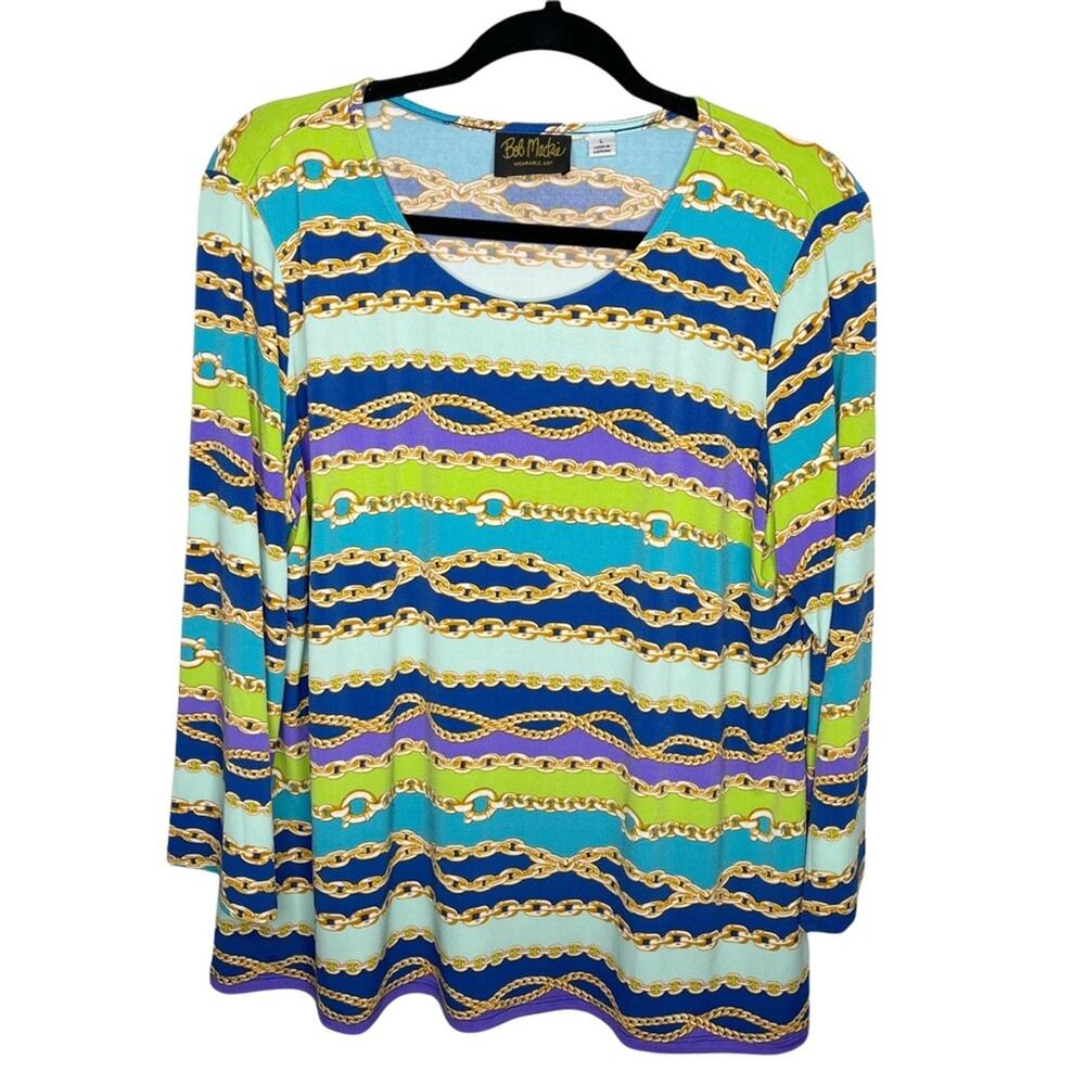 Bob Mackie Bright Chain-Stripe Long Sleeve Top - Blue, Green, Purple